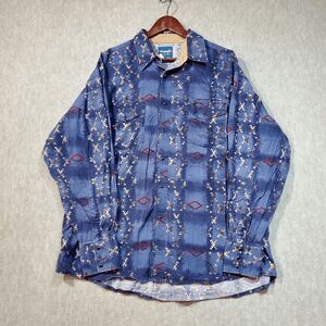 Wrangler Shirt Men Blue Aztec Print Cowboy Western Collar Pearl Snap Button Down